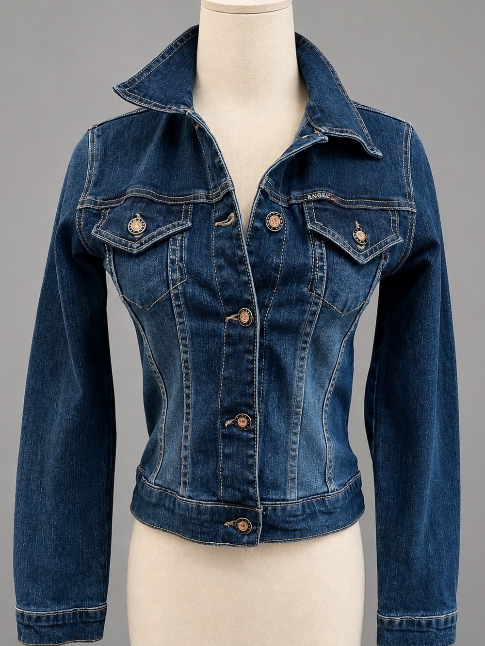 ANGEL JEANS Dark Wash Blue Stretch Body Hug Denim Jean Jacket S Made in USA